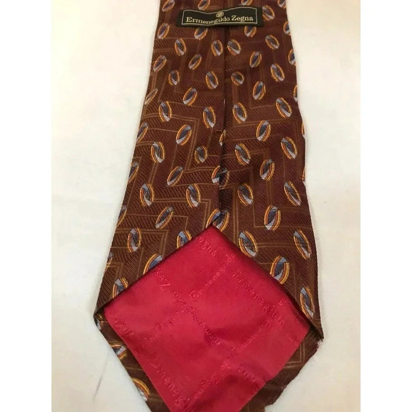 Ermenegildo Zegna Brown Abstract Circular Geometric 100% Silk Classic Neck Tie - Picture 4 of 6